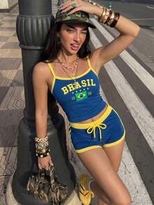 Muchica 女士夏季巴西国旗彩色字母印花露脐上衣和短裤套装，运动迷商品 - 彩色 - 查看 9