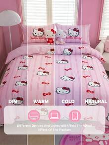 HELLO KITTY AND FRIENDS | SHEIN 3件組粉色條紋蝴蝶結裝飾被套組，卡通角色圖案，光滑柔軟保暖材質，多尺寸適用於單人床/雙人床/加大床/特大床，創意禮物、派對、節慶、復古寢具 - 紅粉 - 查看 10