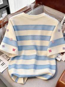 Resyla Striped Color Block Floral Pattern Round Neck Women's Short Sleeve T-Shirt - Multicolor - View 2