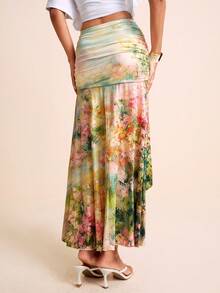 LOTSLUV Women's Spring/Summer Vacation Sage Green Floral Blurred Print Knit Ruched Slit Asymmetrical Ruffle Print Skirt Vacation Elegant - Multicolor - View 2