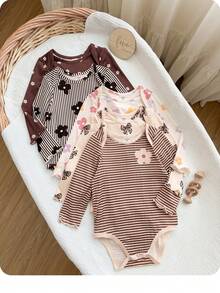 SHEIN (10 Sets, Get 5 Set Random)Baby Girl Cute Knitted Floral & Striped Pattern Long Sleeve Romper Set - Multicolor - View 7