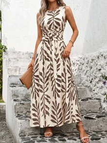 SHEIN Clasi 女士树叶印花休闲派对旅行连衣裙 - 深棕色 - 查看 3