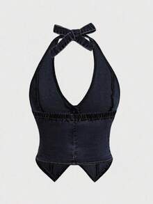 Selenza Blusa de mezclilla con botones delanteros y espalda descubierta para tallas grandes - Azul lavado oscuro - Ver 3