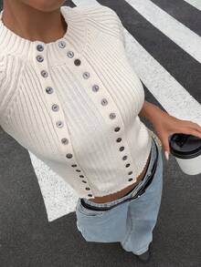Muchica Women's Casual Double Placket Solid Color Knit Vest, Spring/Summer, Going Out, Vacation - White - View 6