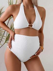 Swim Vcay Setelan Baju Renang Dua Potong untuk Ibu Hamil dengan Gesper Logam Bertekstur, Atasan Tank Top Model Halter Neck dan Bawahan Bikini Segitiga - Putih - View 3