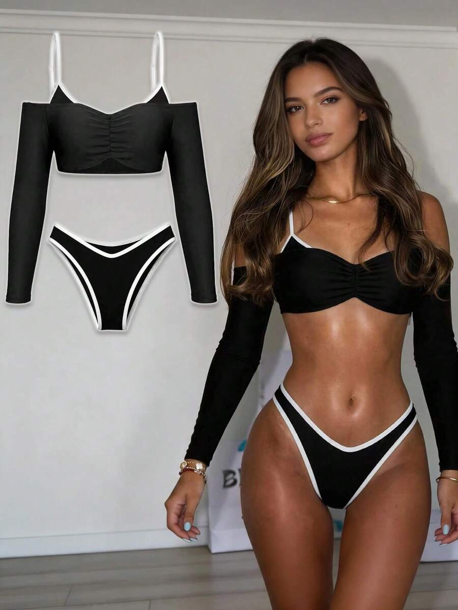 Elavelle Cubrecuerpo de manga larga con pliegues y envolvente de unicolor para mujer, primavera/verano - Negro - Ver 1