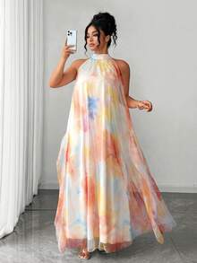 Elenzga Elegantes ärmelloses Maxikleid in Große Größen für Damen mit gewebtem Neckholder, Aquarellbindebatik-Farbverlaufsmuster und luftigem Mesh-Muster - Verschiedenfarbig - Übersicht 1