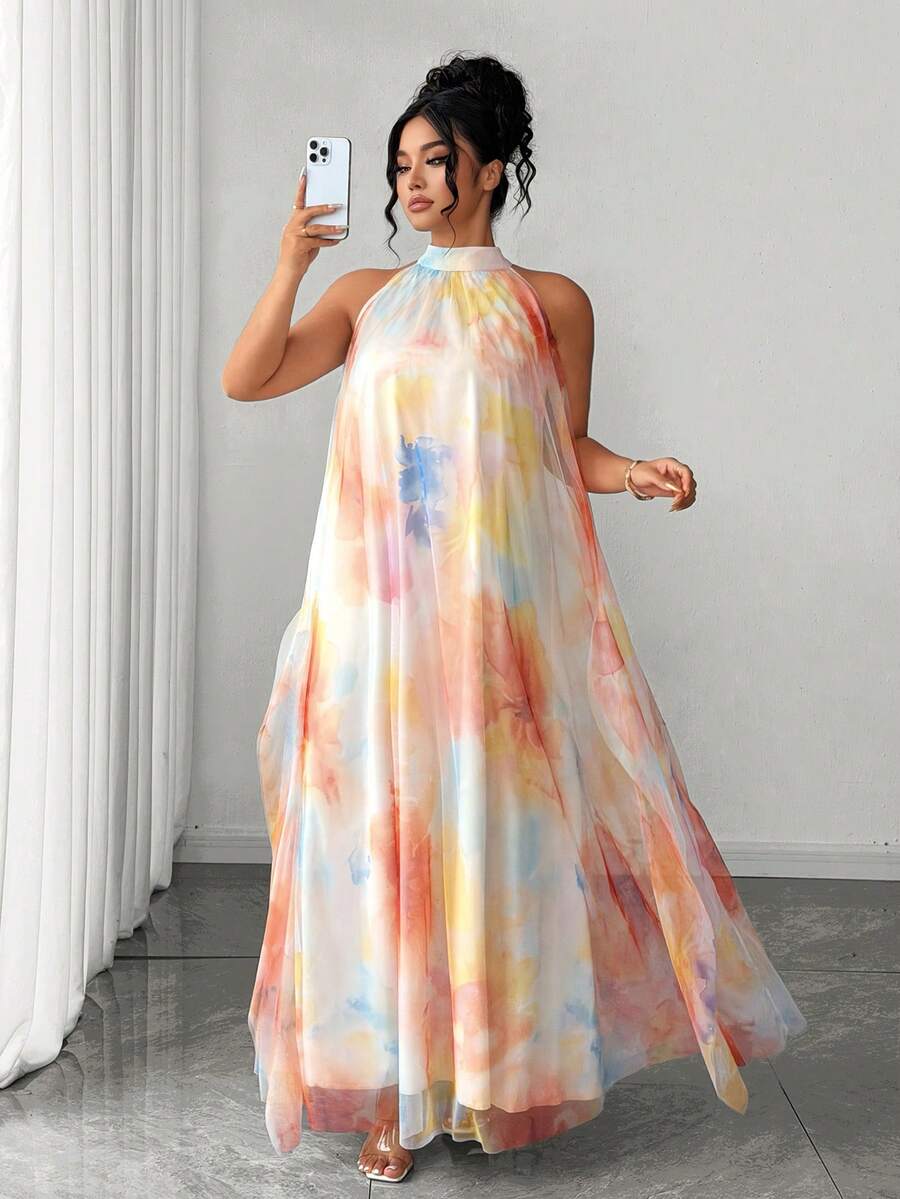Elenzga Elegantes ärmelloses Maxikleid in Große Größen für Damen mit gewebtem Neckholder, Aquarellbindebatik-Farbverlaufsmuster und luftigem Mesh-Muster - Verschiedenfarbig - Übersicht 1