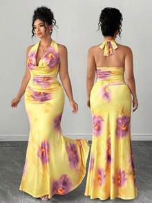 Elenzga Conjunto de 2 piezas de top con estampado floral de cuello de corbata elegante y falda maxi ajustada para mujer de talla grande - Amarillo - Ver 2