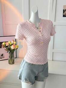 DAZY Summer  Polka Dot All-Over Print Pink Polka Dot Top With Button Decor Casual  Streetwear Sports  Slim Fit Short Sleeve Women's T-Shirt Dates - Baby Pink - View 5