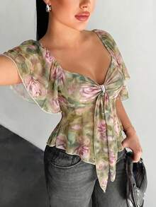 SHEIN SXY 大尺碼女款花卉印花前打結露肩時尚上衣 - 綠色 - 查看 3