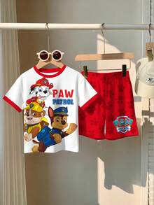 SHEIN | PAW Patrol 兒童小男孩圓領撞色飾邊字母卡通印花短袖T恤與短褲休閒日常套裝 - 彩色 - 查看 5