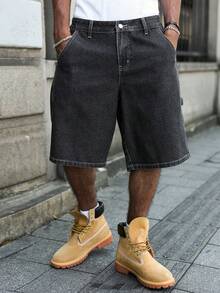 Manfinity EMRG Men's Street Style Casual Multi-Pocket Cargo Dark Gray Plus Size Denim Shorts - Dark Grey - View 8