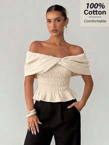 Siren Gaze Women's Linen Off-Shoulder Fitted Blouse, Off-Shoulder Shawl Style Top With Ruched Chest And Flounce Hem, Casual Vacation And Outing Cotton Shirt - Apricot - View 9
