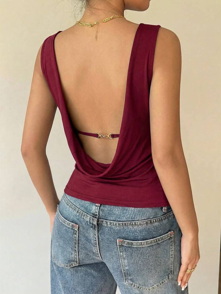 Siren Gaze Women's Summer Sexy Solid Color Backless Sleeveless T-Shirt - Burgundy - View 2