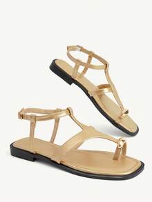 CUCCOO CHICEST Women's Shoes Metal Button Toe Square Head Roman Shoes Soft Sole Beach Gold Open Toe Cross Flat Sandals Vacation Casual - Light gold - View 4