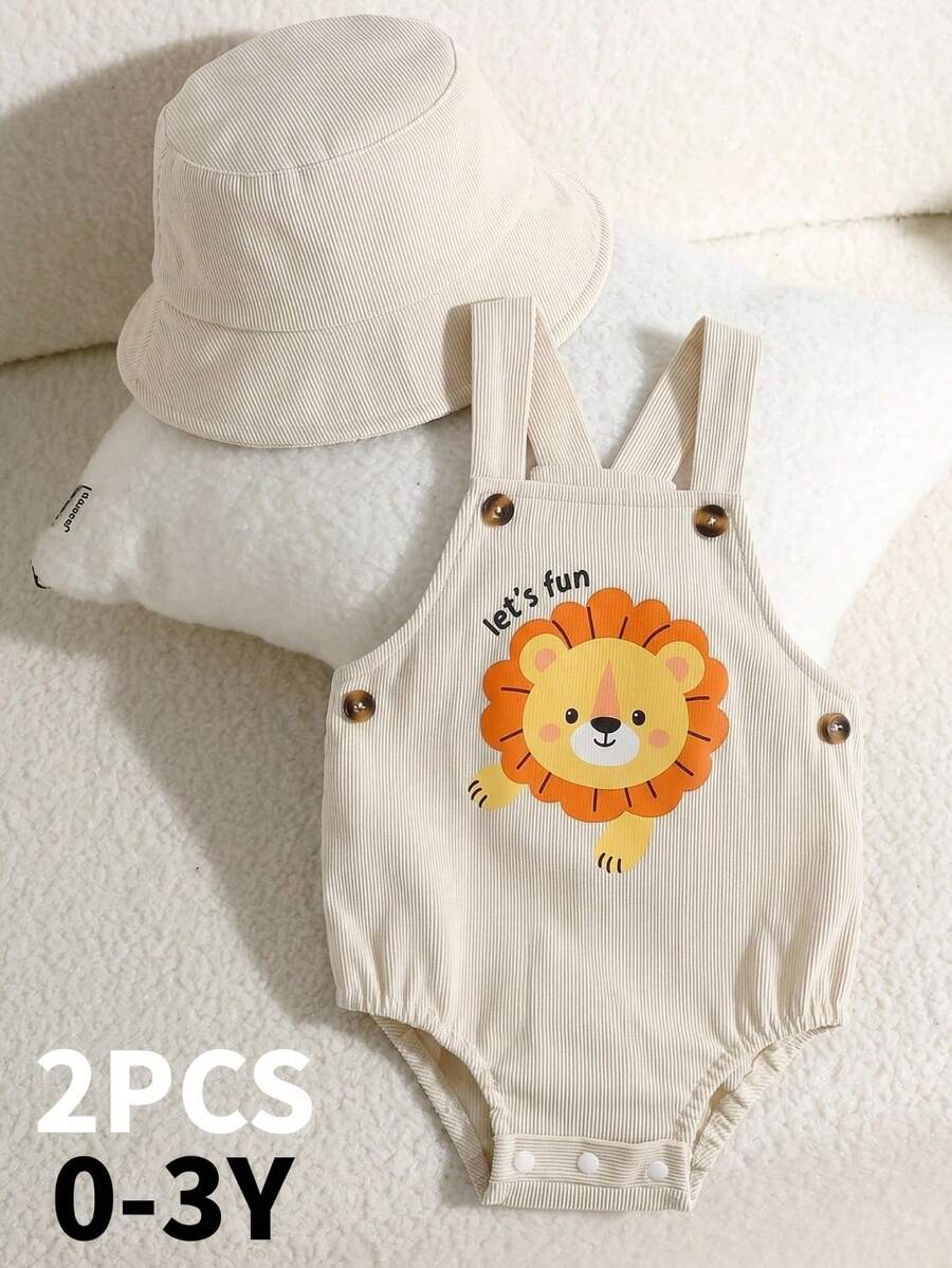 SHEIN Playful Pals 新生兒男嬰/女嬰中性服裝套裝,綠色與白色條紋吊帶連身褲,舒適百搭休閒極簡風格,適合春季、夏季、室內、室外、日常、運動、派對、節日,0-3歲 - 卡其色 - 查看 1