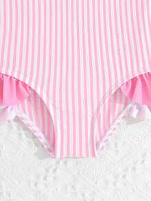 SHEIN 女嬰垂直條紋圖案海灘泳衣連身式 - 粉色 - 查看 4