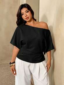 Auralis Plus Size Spring/Summer New Versatile Minimalist Commuter Asymmetric Batwing Sleeve Ruched Waist Fitted Pullover Blouse - Black - View 1