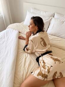 Rafferiza Leopard Print Mid-Length Sleeve Robe, Casual Daily Wear Luxe Loungewear, Fall, Winter - Multicolor - View 7