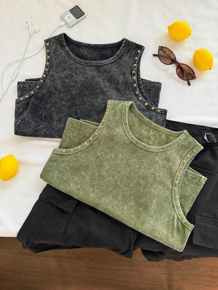 Comfortcana Plus Size Women's Round Neck Stud Decor Casual Smart Casual Versatile Everyday Outing Top Holiday Grey Olive Green Summer - Multicolor - View 1