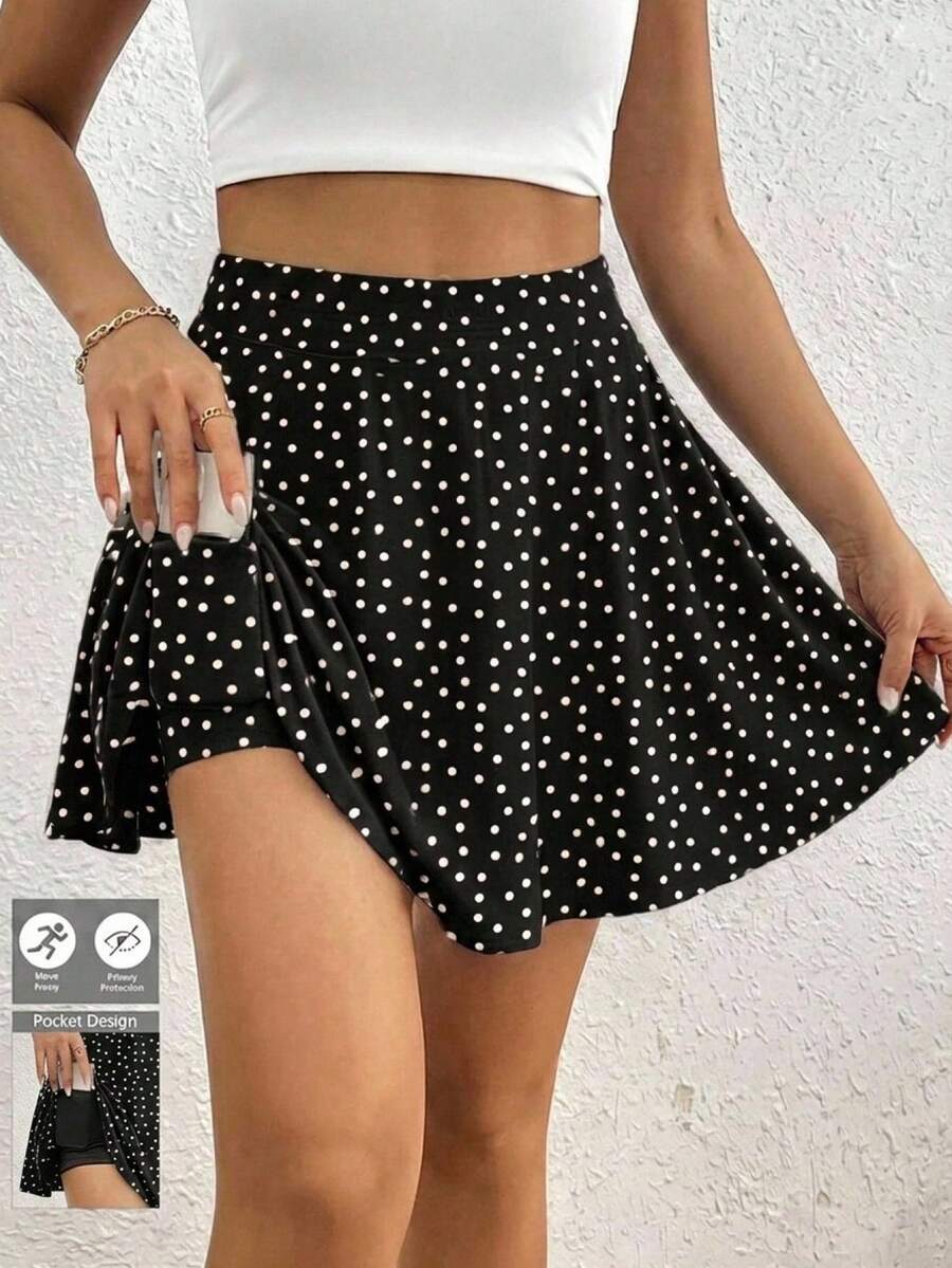 SHEIN Frenchy 女款圓點圖案高腰腰帶口袋休閒裙褲 - 黑色 - 查看 1
