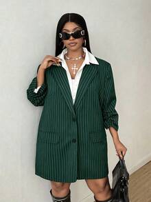Maweii Plus Size Fashion Commuter Striped Jacket - Dark Green - View 6