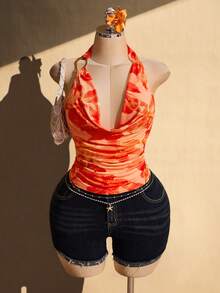 SHEIN ICON Plus Size Floral Print Ruffle Neck Backless Halter Top Beach Vacation Orange Summer - Orange - View 9