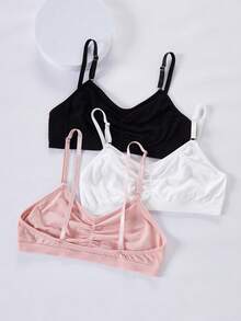 Teen Girl Solid Color Pleated Casual Daily Adjustable Strap Bra - Multicolor - View 3