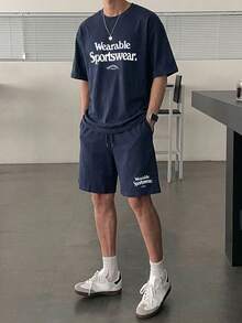 DAZY 海軍藍短袖字母印花T恤與短褲休閒男士兩件套 - 藏蓝色 - 查看 5