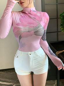 DAZY Atasan Jala Pas Badan Musim Panas, Atasan Jala Kerah Tinggi, Lapisan Dasar Pas Badan, Kaos Wanita, Kaos Grafis, Liburan - Berwarna merah muda - View 4