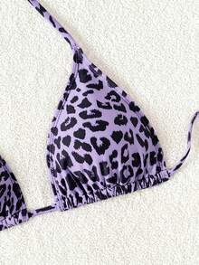 Swim Vcay Women's Leopard Print Halter Neck Tie Bikini Top, Suitable For Summer Vacation And Beach - Multicolor - View 3