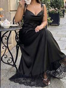 GalTyme Plus Size Summer Elegant Solid Color Lace Patchwork Backless Cami Dress - Black - View 1