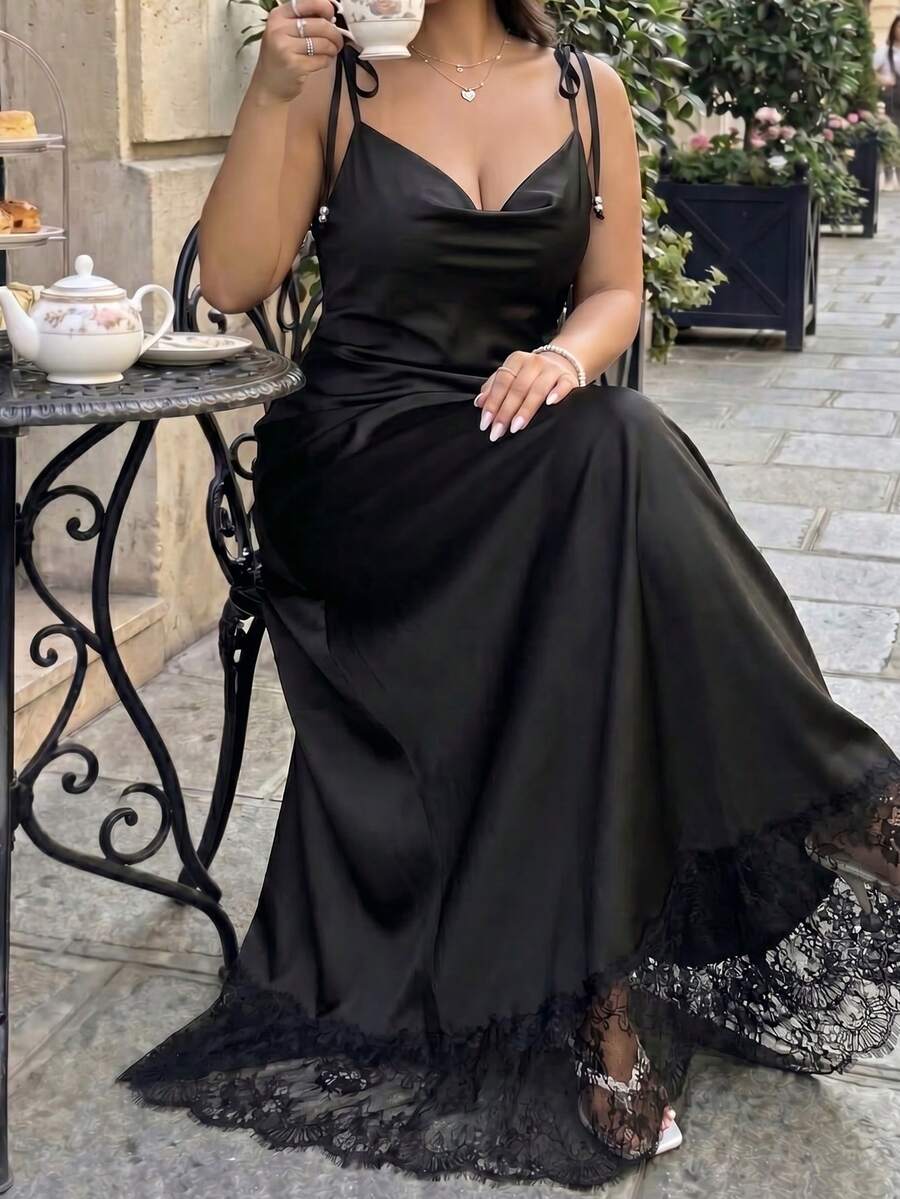 GalTyme Plus Size Summer Elegant Solid Color Lace Patchwork Backless Cami Dress - Black - View 1