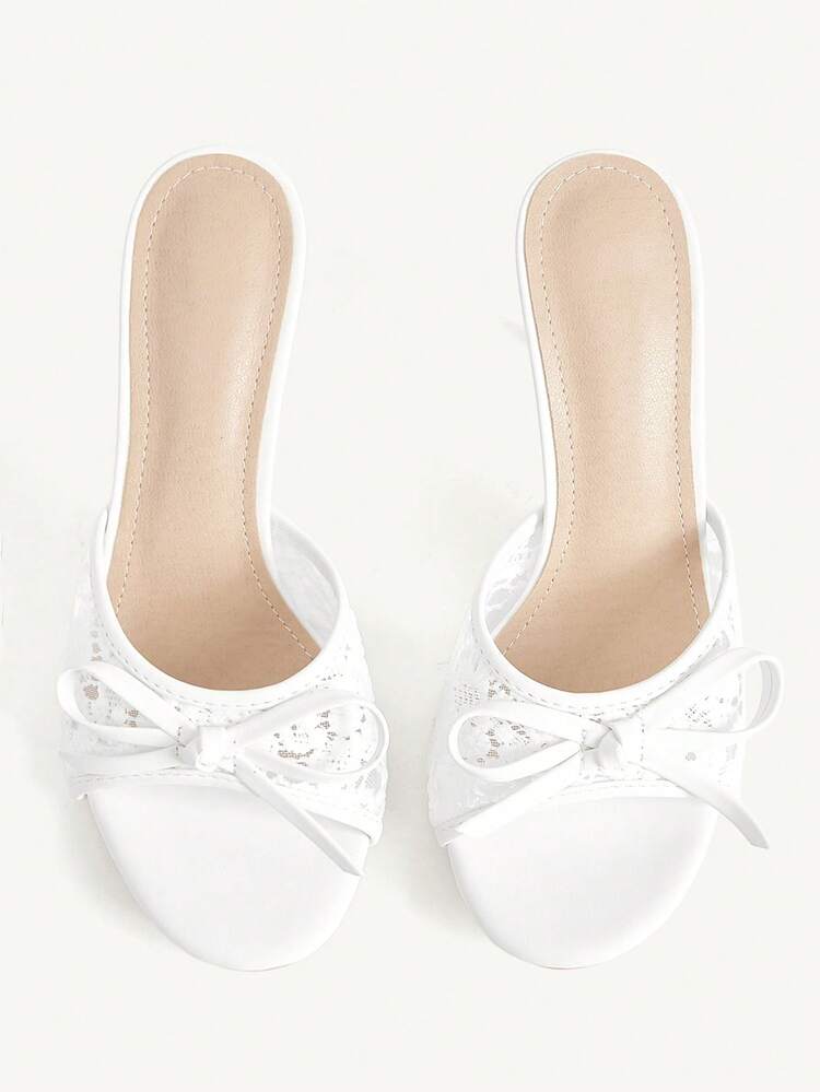 CUCCOO CHICEST Women's White, Black Lace Bow Muller High Heels Slippers, Open-Toed Mid-Heel Sandals, Suitable For Weddings, Parties And Dinner Occasions