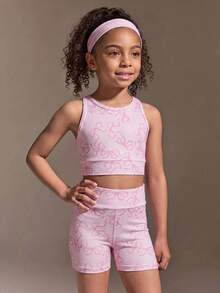 SHEIN Young Girls' Rose Pink Leopard Print 2 Pieces Active Set Featuring A Crisscross Back Tank Top And Matching Fitted Shorts, Made From Ultra-Soft 4-Way Stretch Fabric For Superior Skin Comfort And Full Flexibility, Perfect For Dance Practice, Playground Fun, And Sporty Casual Wear - Pink - View 4
