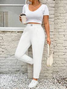 SHEIN PETITE CURVE 大尺碼女款字母印花牛仔口袋休閒百搭長褲 - 白色 - 查看 7