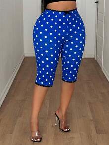 Maweii Plus Size Women's Polka Dot Print Elastic Waist Lace Patchwork Slim Fit 3/4 Length Leggings - Royal Blue - View 5