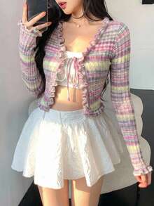 DAZY 秋季條紋拼色拼接繫帶前綁式開襟針織上衣 女款音樂節婚禮休閒度假開襟毛衣 - 粉色 - 查看 1