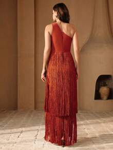 Anewsta Women's New One-Shoulder Tassel Dress In Lake Blue, Sky Blue, Royal Blue, Elegant Banquet Birthday Party Dress, All-Season Summer Party Dress, Women's Apparel Skirt;Sequin Dress; - Burgundy - View 7