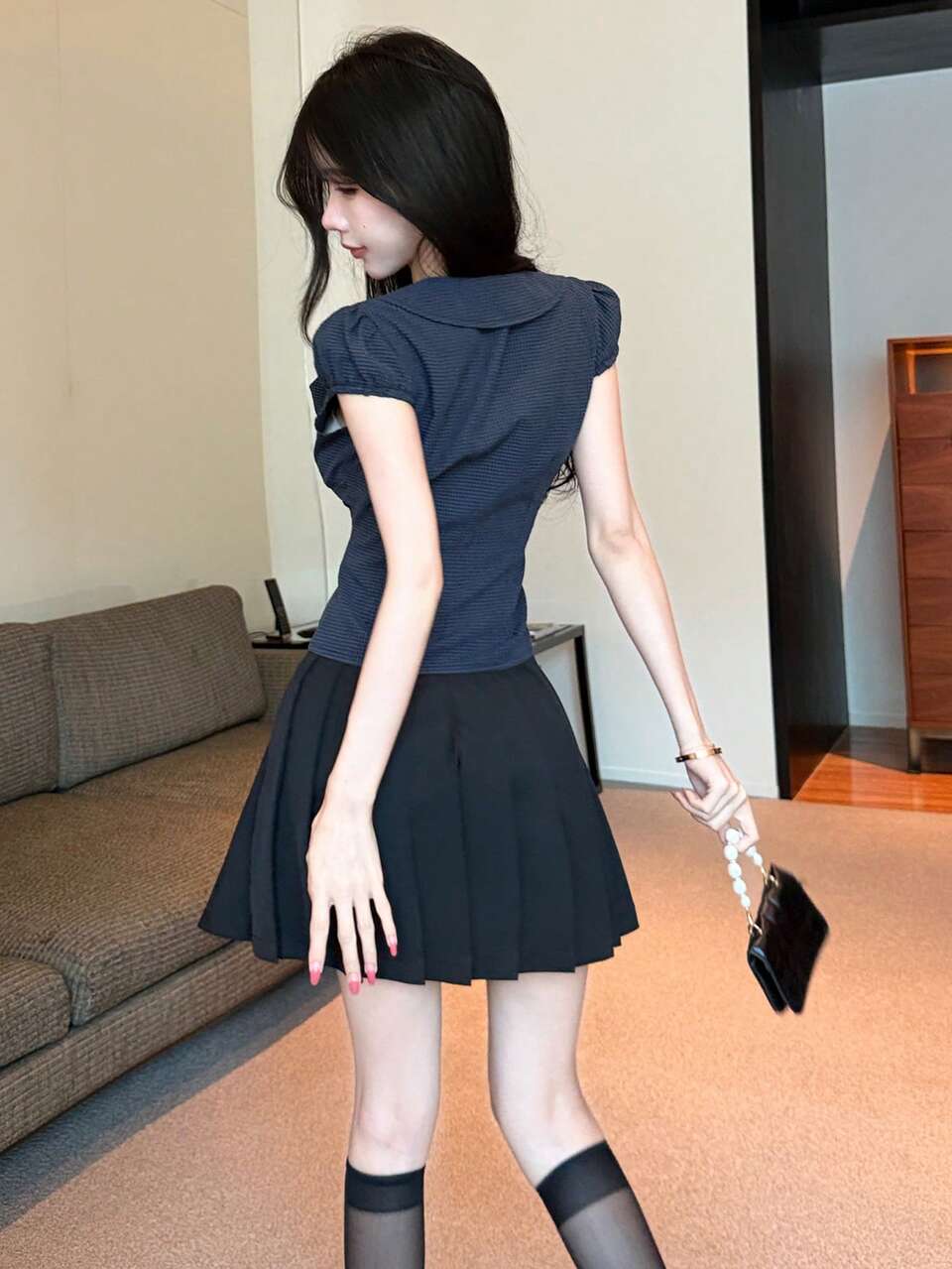 Summer Blue Plaid Fitted Elegant Bow Short Sleeve Women's Blouse For Wedding Banquet