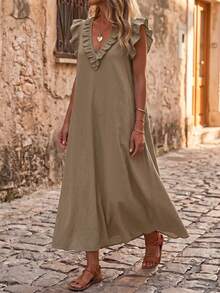 Hotletica Women's Solid Color Ruffle Hem Premium Texture Linen Casual Dress - Khaki - View 3