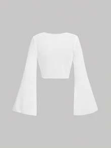 SHEIN MOD Áo thun tay chuông cổ chữ V buộc phía trước đa năng - trắng - Xem 4