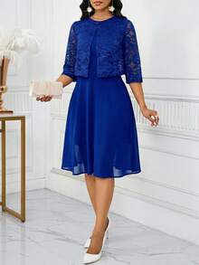SHEIN Lady Women's Elegant Lace Sleeveless Top Dress 2 Pieces Set Summer Birthday Cocktail Bar Party After PartyEvent Office Wedding Blue Floral Navy Blue - Royal Blue - View 6