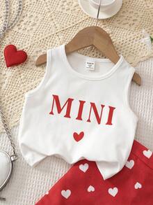 Genkimix Kids Young Girls White Knit Ribbed Letter Print Crew Neck Sleeveless Pullover Top + Denim Blue Heart Print Skort Set, 2 Pieces, Suitable For Outings, Spring/Summer Style For 4-7 Year Old Girls, Party And Gathering - Red - View 5
