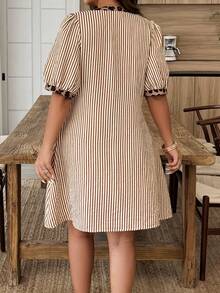 Weeklong Plus Size Women's Spring/Summer Notch Neck Puff Sleeve Beige Colorblock Casual 90s Vacation Dress Club - Multicolor - View 2