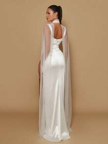 Glamrae White High-Stretch Minimalist Classy Elegant Sexy Bridal Party Wedding Dinner Evening Formal Gown Fishbone Trim Waist-Ruched Fishtail Train - White - View 3
