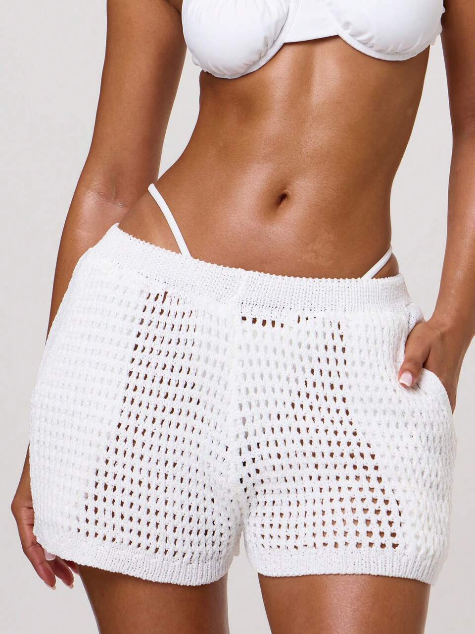 White Knit Crochet Scalloped Hem Mini Shorts