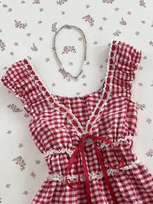 Elamini Summer Sweet Sexy Vacation Style Lace Trim Plaid Ruffle Short Fitted Short Sleeve Shirt - Red - View 8