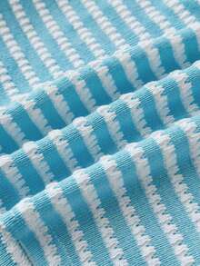 Teen Girls Summer New Ocean Blue Knit Textured Jacquard Ruched Chest Sweet Girly Cute Home Casual Off-Shoulder T-Shirt - Blue - View 7
